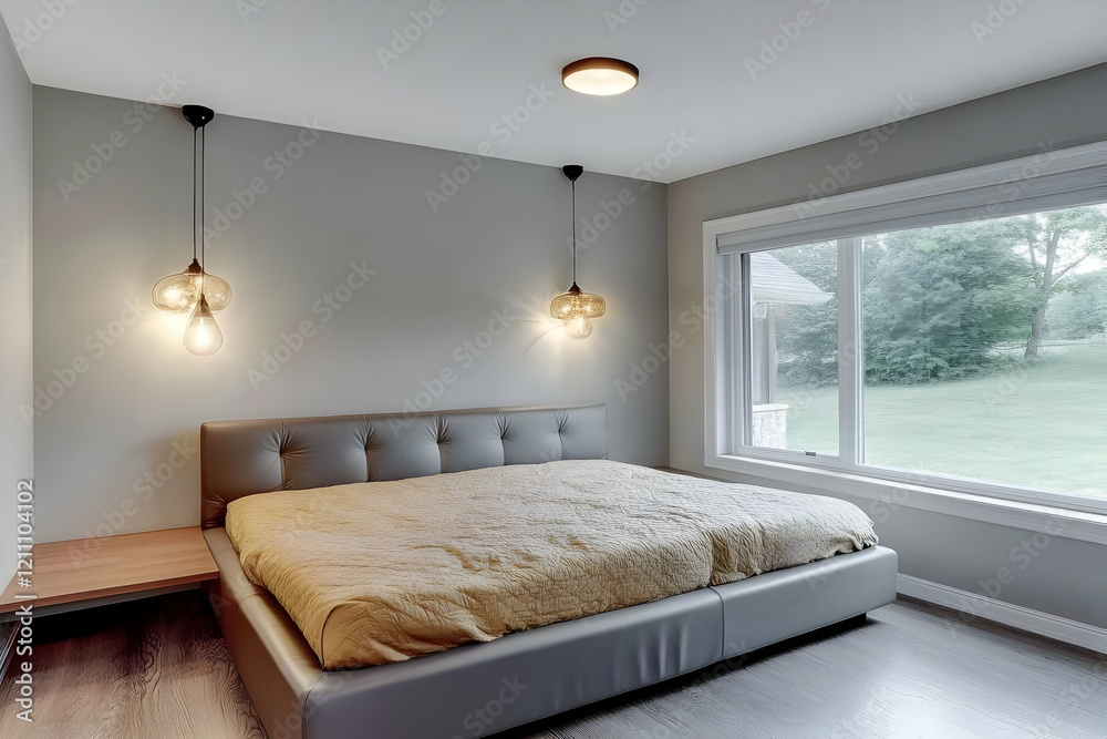 Fototapeta premium Modern Bedroom Showcases a Gray Upholstered Bed with Gold Bedding and Hanging Glass Pendant Lights
