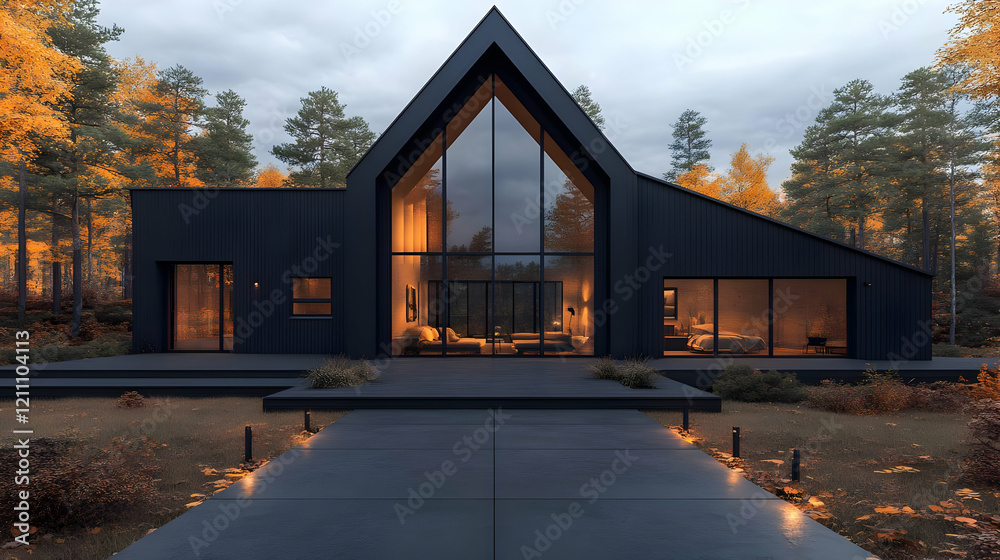Obraz premium Modern Black A-Frame House Nestled in Autumn Forest at Dusk with Illuminated Interior