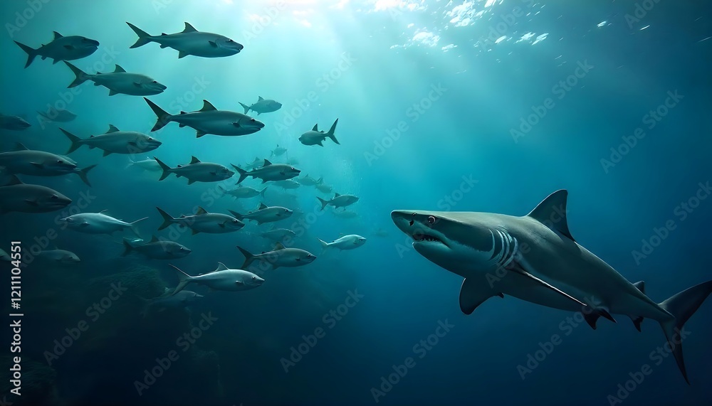 Obraz premium Majestic Shark and Fish School Underwater Scene