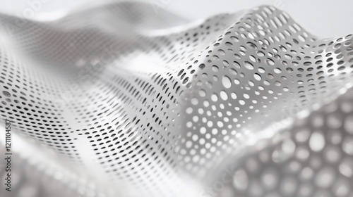 Abstract undulating silver metallic mesh with circular and oblong perforations