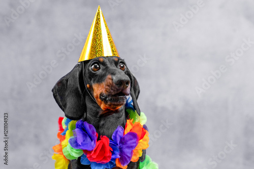 Quadro em tela Funny dachshund dog in festive cap, bright flower beads on neck, lei froze in su