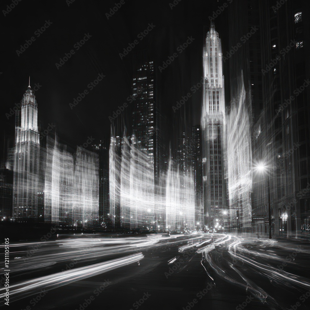 Naklejka premium Cityscape, night, light trails, traffic, skyscrapers, urban, motion blur, architecture, design, advertising