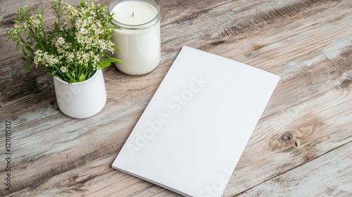 Blank booklet mockup on wooden table with candle and flowers