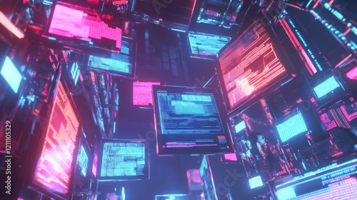 Neon Cyberpunk Digital Screenscape: A Futuristic Vision of Data Streams and Virtual Reality photo