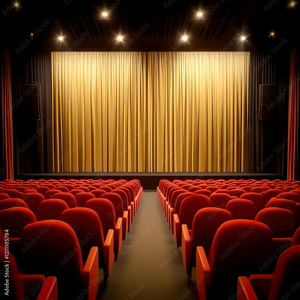 Fototapeta premium Empty Cinema Auditorium Shows Red Seats and Gold Curtains Elegantly Illuminated