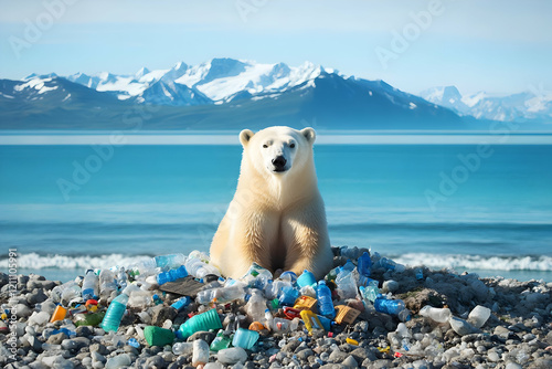 Polar Bear Sits on a Beach ...