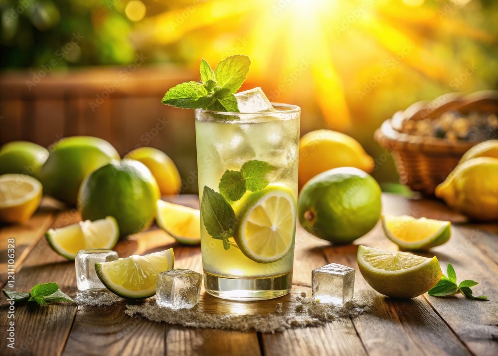 Fototapeta premium Refreshing Homemade Lemonade with Lime: Summer Drink Recipe Photography