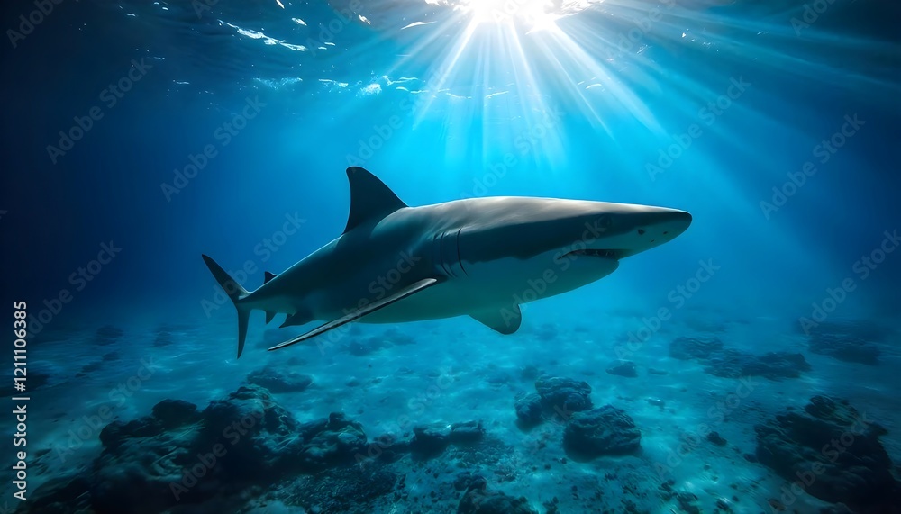 Fototapeta premium Majestic Shark Underwater Sunlight Ocean Scene