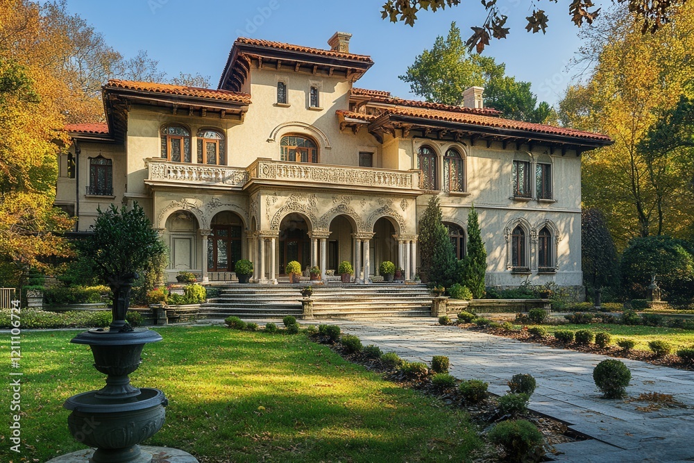 Obraz premium Autumn Mansion, Grand Estate, Park Pathway