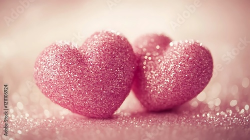 Two Pink Glitter Hearts Resting on Sparkling Surface photo