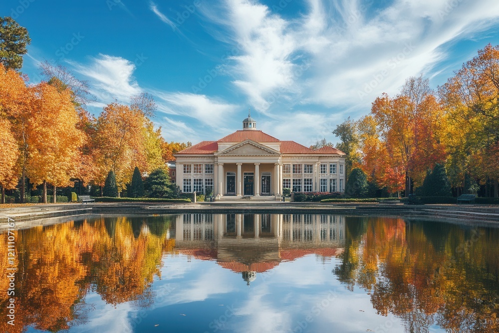 Fototapeta premium Autumn mansion reflection, park pond