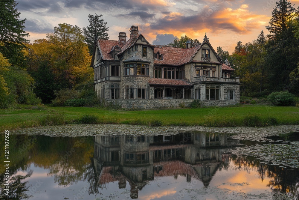 Obraz premium Autumn Mansion Sunset Reflection