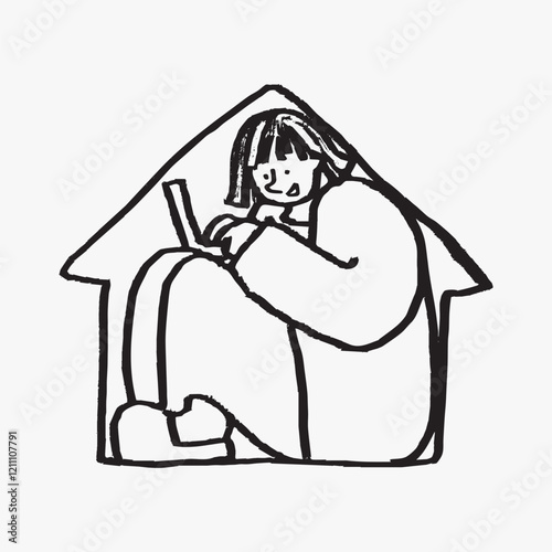 Woman work from home doodle, illustration vector