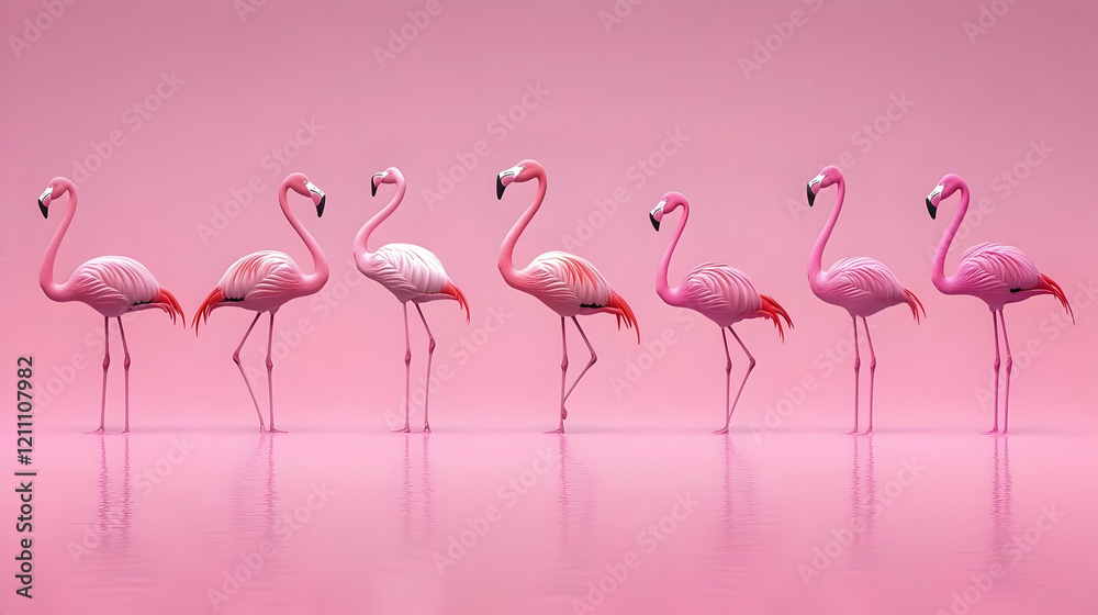 Fototapeta premium Seven Pink Flamingos Gracefully Stand in Still Pink Water against a Matching Backdrop