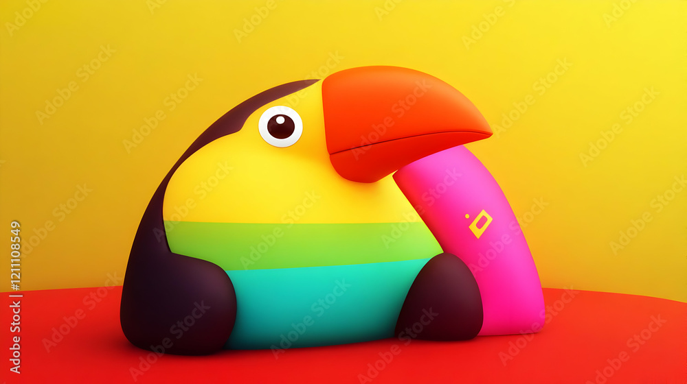 3D Colorful Toucan Bird Sits Peacefully on a Vibrant Red Surface with Yellow Backdrop 3D Colorful Toucan Bird Sits Peacefully on a Vibrant Red Surface with Yellow Backdrop