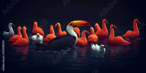 Toucan and Flamingos Swim P...