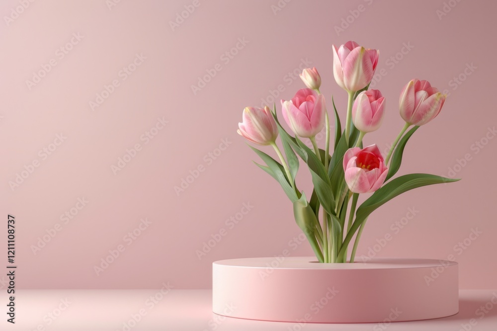 Fototapeta premium Elegant pink tulips in minimalist vase on soft pastel background
