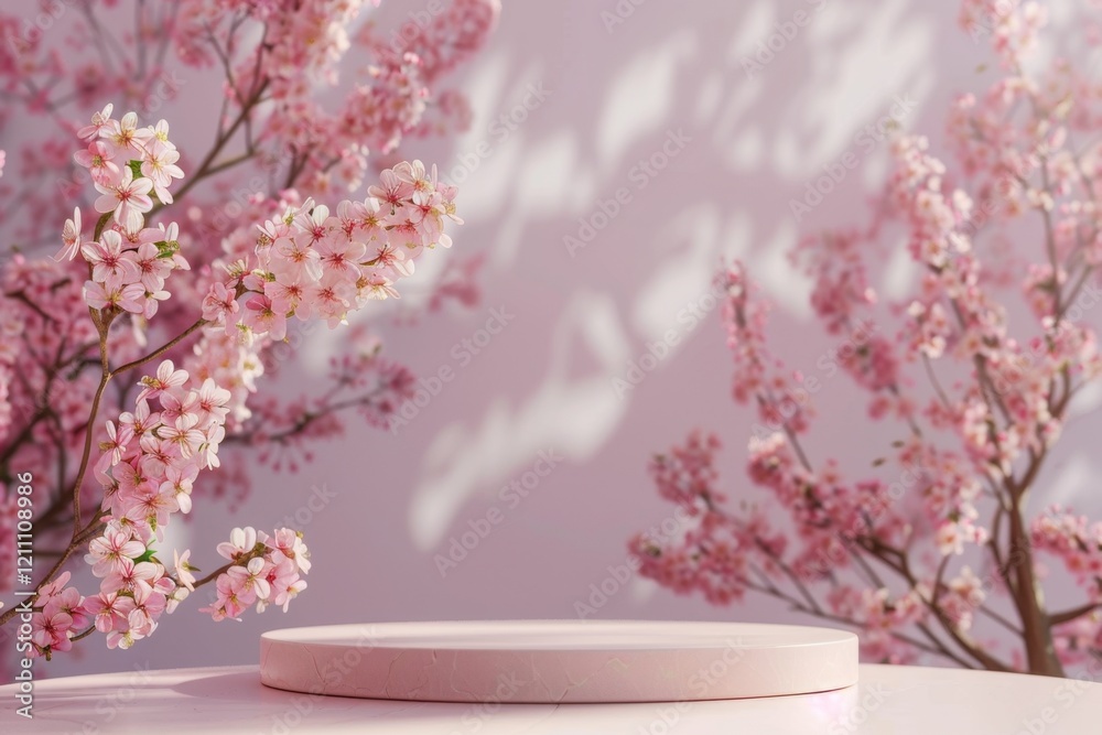 Pink Blossom Background with Empty Display Pedestal in Soft Light Pink Blossom Background with Empty Display Pedestal in Soft Light