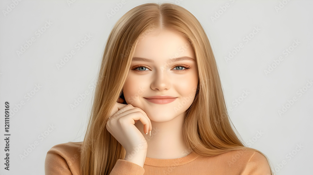 Portrait of a Smiling Young Woman with Blond Hair Gently Touching her Chin on a Neutral Background Portrait of a Smiling Young Woman with Blond Hair Gently Touching her Chin on a Neutral Background