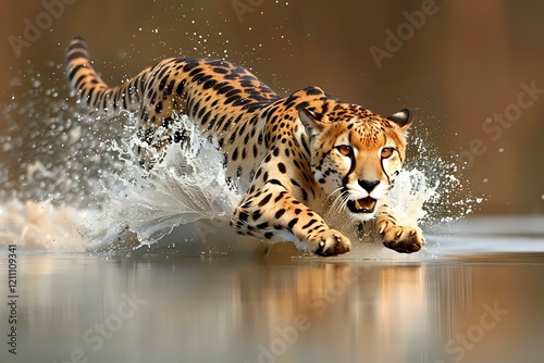 Majestic cheetah sprinting through water creating dramatic splashes, showcasing speed and power in natural environment. Perfect for wildlife magazines and nature documentaries. photo