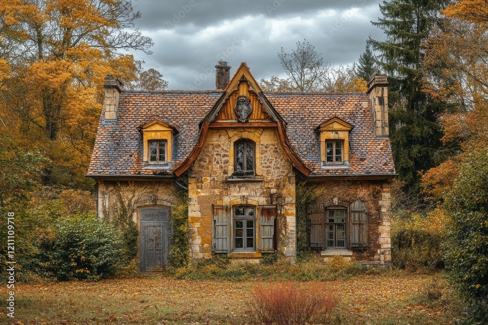 Obraz premium Autumnal Stone House, Forest Decay, Brochure