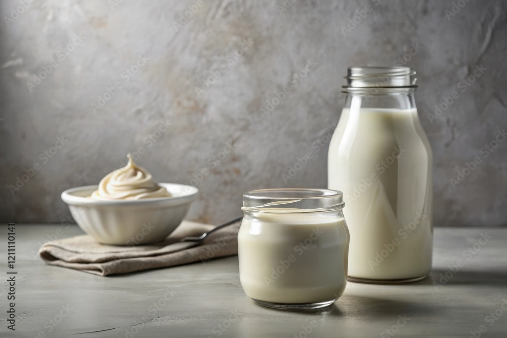 Creamy Dairy Delights A Jar of Milk, a Bottle of Milk, and a Bowl of Whipped Cream on a Rustic Surface Creamy Dairy Delights A Jar of Milk, a Bottle of Milk, and a Bowl of Whipped Cream on a Rustic Surface