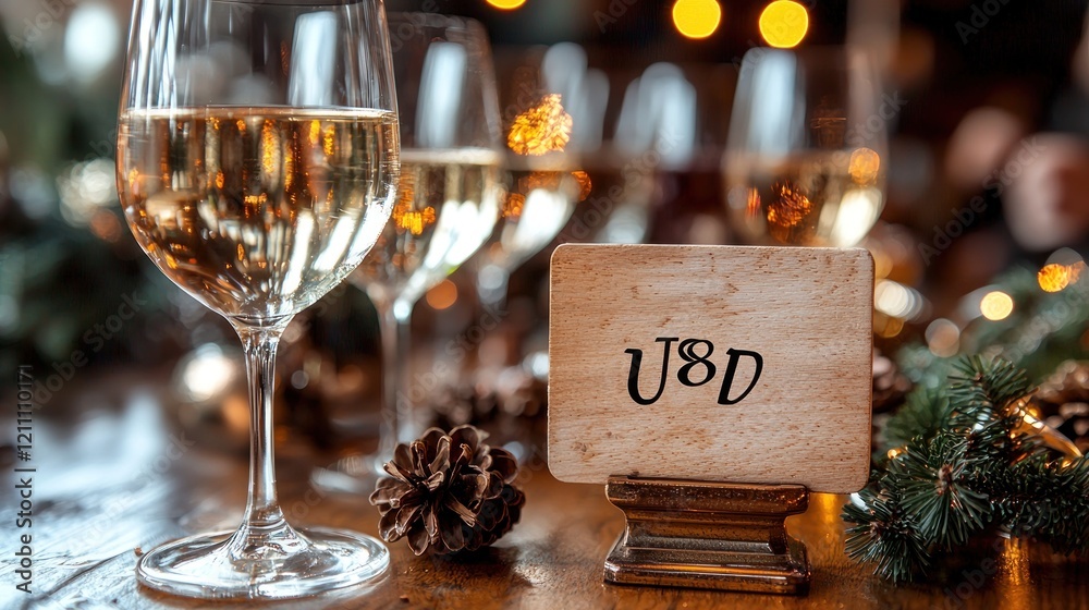 Festive Table Setting with Wine Glasses and Place Card for a Cozy Holiday Celebration