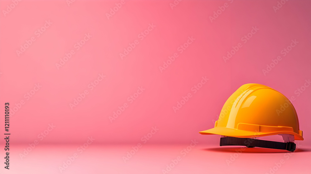 Fototapeta premium Yellow Hard Hat Sits on Pink Background in Minimalist Safety Illustration