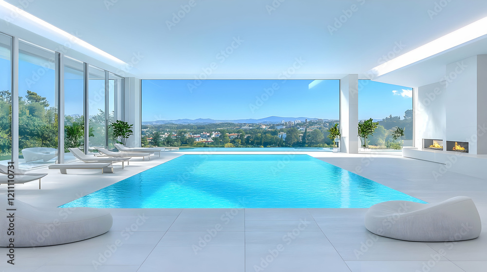 Fototapeta premium Modern Indoor Pool Area Overlooks Scenic View with Fireplace and Lounge Seating