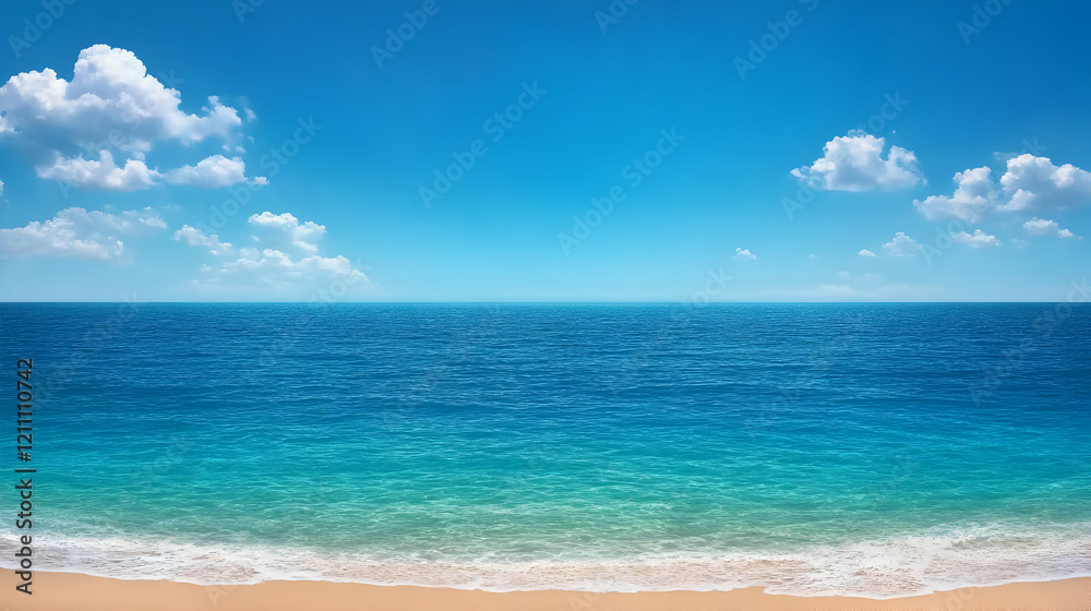 Serene Beach Meets Azure Ocean Under a Clear Blue Sky with Fluffy White Clouds Gently Dotting the Horizon Serene Beach Meets Azure Ocean Under a Clear Blue Sky with Fluffy White Clouds Gently Dotting the Horizon