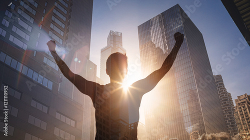 Canvas Print Strong motivated man in the city feeling determined with fist in the air, 	People never giving up, strength and power