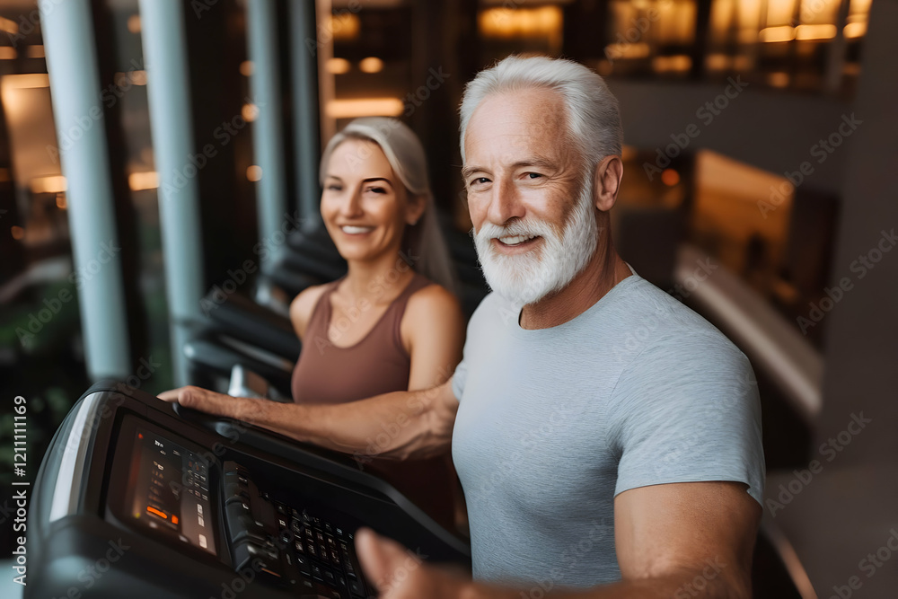 Senior Couple Exercise on Treadmills in Modern Gym, Promoting Healthy Lifestyle and Fitness Together Senior Couple Exercise on Treadmills in Modern Gym, Promoting Healthy Lifestyle and Fitness Together