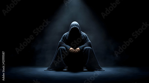 Hooded Figure Sits in Shado...