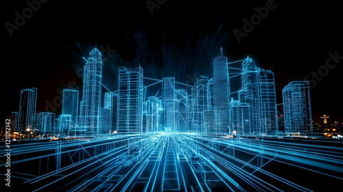 Digital Cityscape with Interconnected Buildings and Glowing Roads at Night.