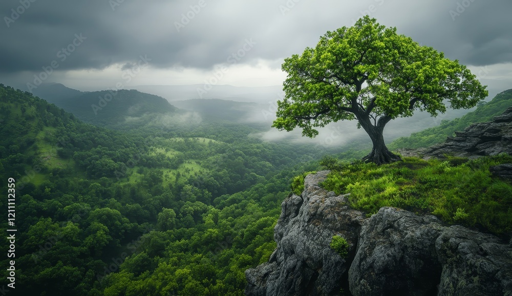 Fototapeta premium Lone tree atop cliff overlooking misty valley.