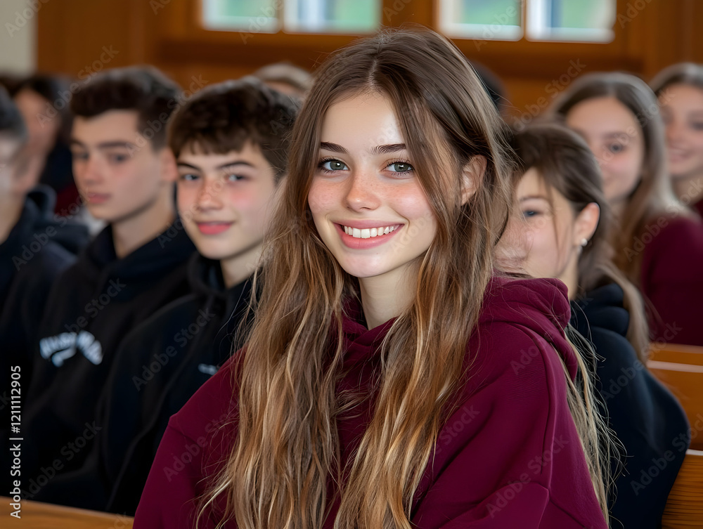 Obraz premium Smiling Teen Girl Sits in Wooden Pews with Classmates in Classroom Setting