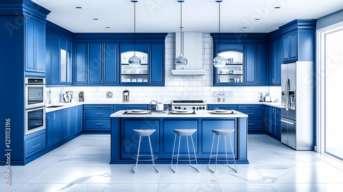 Modern Blue Kitchen Design Showcases Elegance with Marble Floor and Island Beautifully