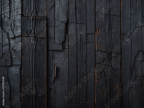 Close-up of textured black charred wood panels with intricate cracks and natural patterns.