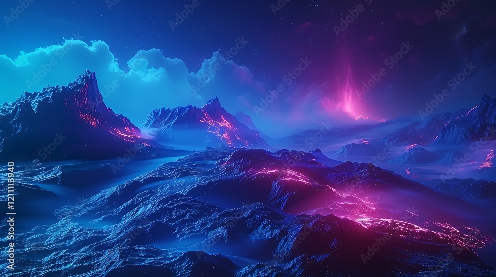 Fototapeta premium Neon Glow Illuminates Volcanic Alien Landscape