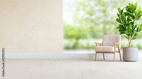 Beige armchair and plant near window  garden view  home interior design