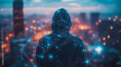 Hacker are planning to hack and attack networks and cyber security systems.Smart digital city with connection Innovation network reciprocity over the cityscape