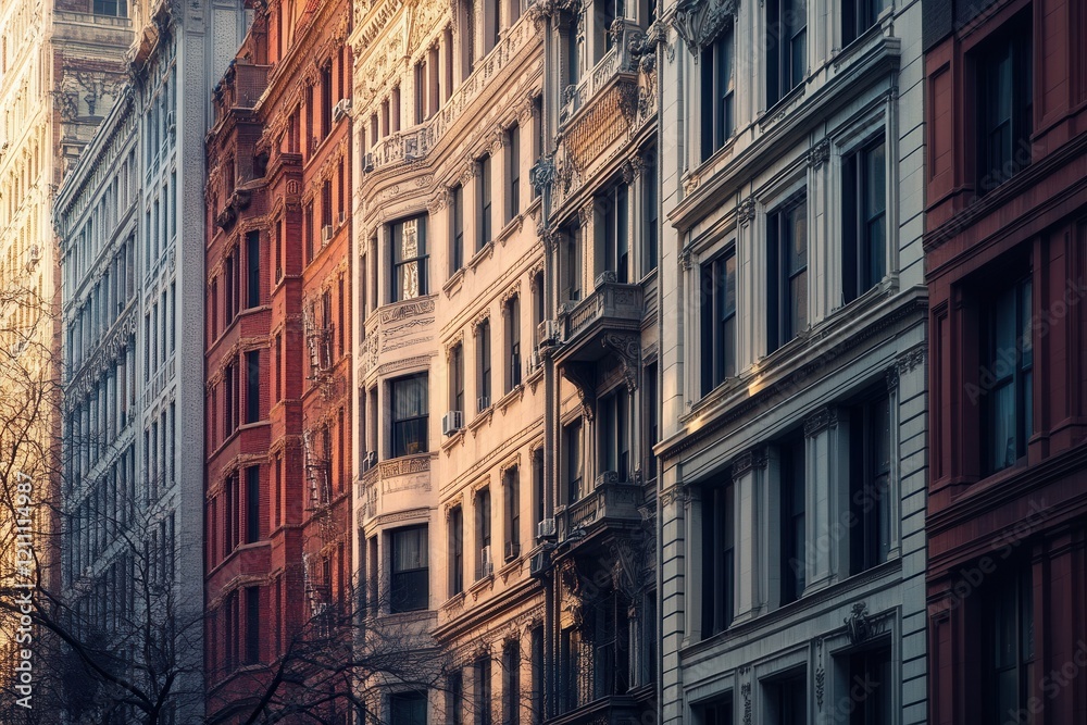 Fototapeta premium Cityscape, urban buildings, sunlight, winter, street