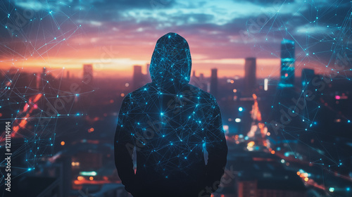 Hacker are planning to hack and attack networks and cyber security systems.Smart digital city with connection Innovation network reciprocity over the cityscape