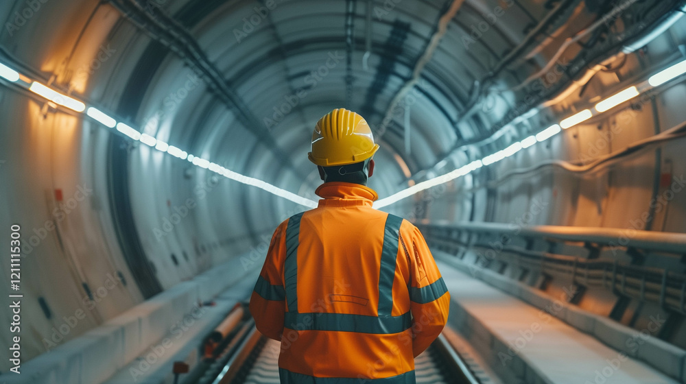 Construction worker inspecting modern underground tunnel with bright industrial lighting Construction worker inspecting modern underground tunnel with bright industrial lighting
