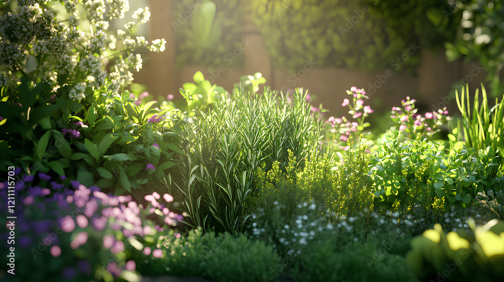 Lush Herbal Garden with Rosemary and Thyme Thriving in Warm Sunlight Lush Herbal Garden with Rosemary and Thyme Thriving in Warm Sunlight