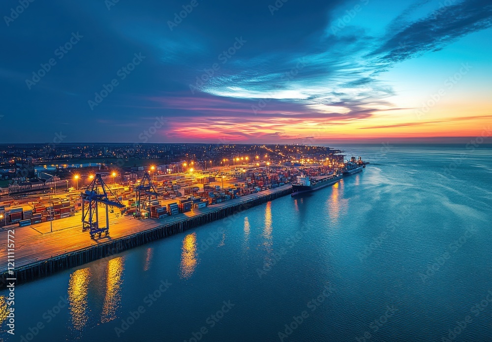 Captivating Sunset Over a Busy Cargo Port with Glowing Lights and Tranquil Waters Reflecting Vibrant Colors of the Dusk Sky Captivating Sunset Over a Busy Cargo Port with Glowing Lights and Tranquil Waters Reflecting Vibrant Colors of the Dusk Sky