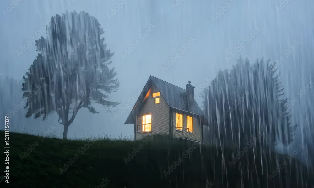Cozy cabin in the rain, glowing windows under moody clouds, concept for rustic retreats, tranquility, and countryside living
