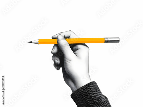 Hand Holds a Yellow Pencil ...