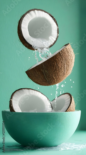 Fresh Coconuts Splashing Wa...