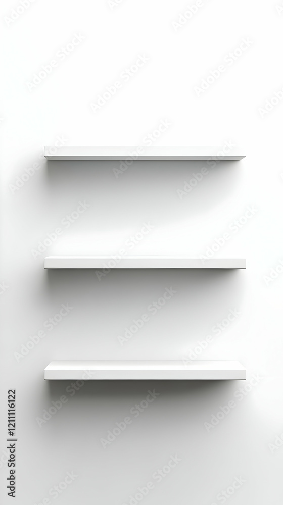 Three Empty White Shelves Mounted on a White Wall Create a Minimalist Display Three Empty White Shelves Mounted on a White Wall Create a Minimalist Display